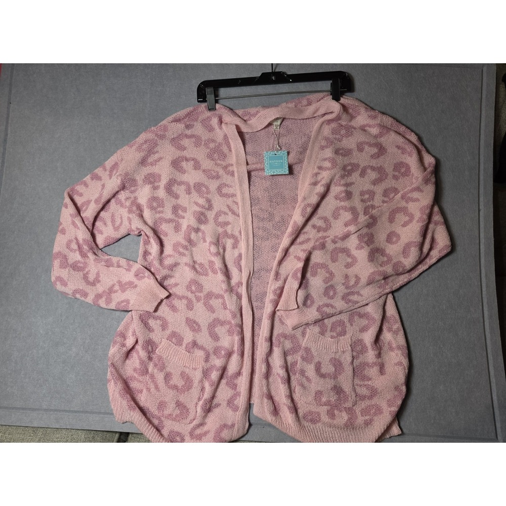 Hayden Los Angeles Pink Leopard Cardigan Sweater SZ 2-3X Pockets Breast Cancer